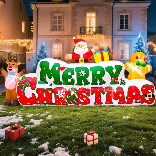 10FT Christmas Inflatables Outdoor Decorations Inflatable Merry Christmas with Santa Gingerbread Reindeer,