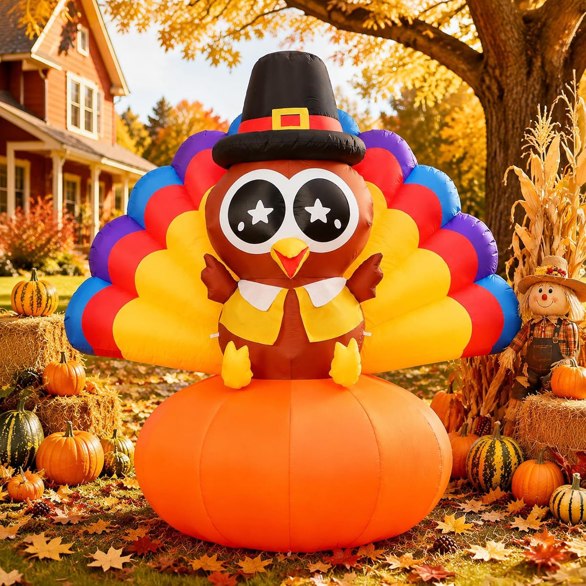 6.5 ft Lighted Inflatable Turkey with Pumpkin, Thanksgiving outdoor decoration