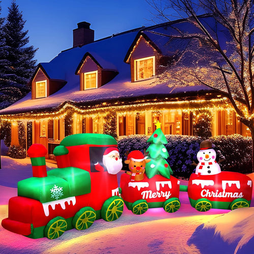 10.7 FT Christmas Inflatables Train with Santa Claus Reindeer Snowman Christmas Tress Built-in LED Lights
