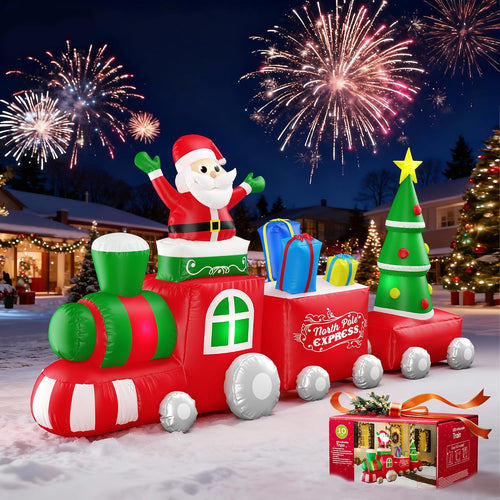 10FT Christmas Inflatable Train with Santa Claus, Gift Boxes, Christmas Trees, Built-in Lights, 2026 Yard