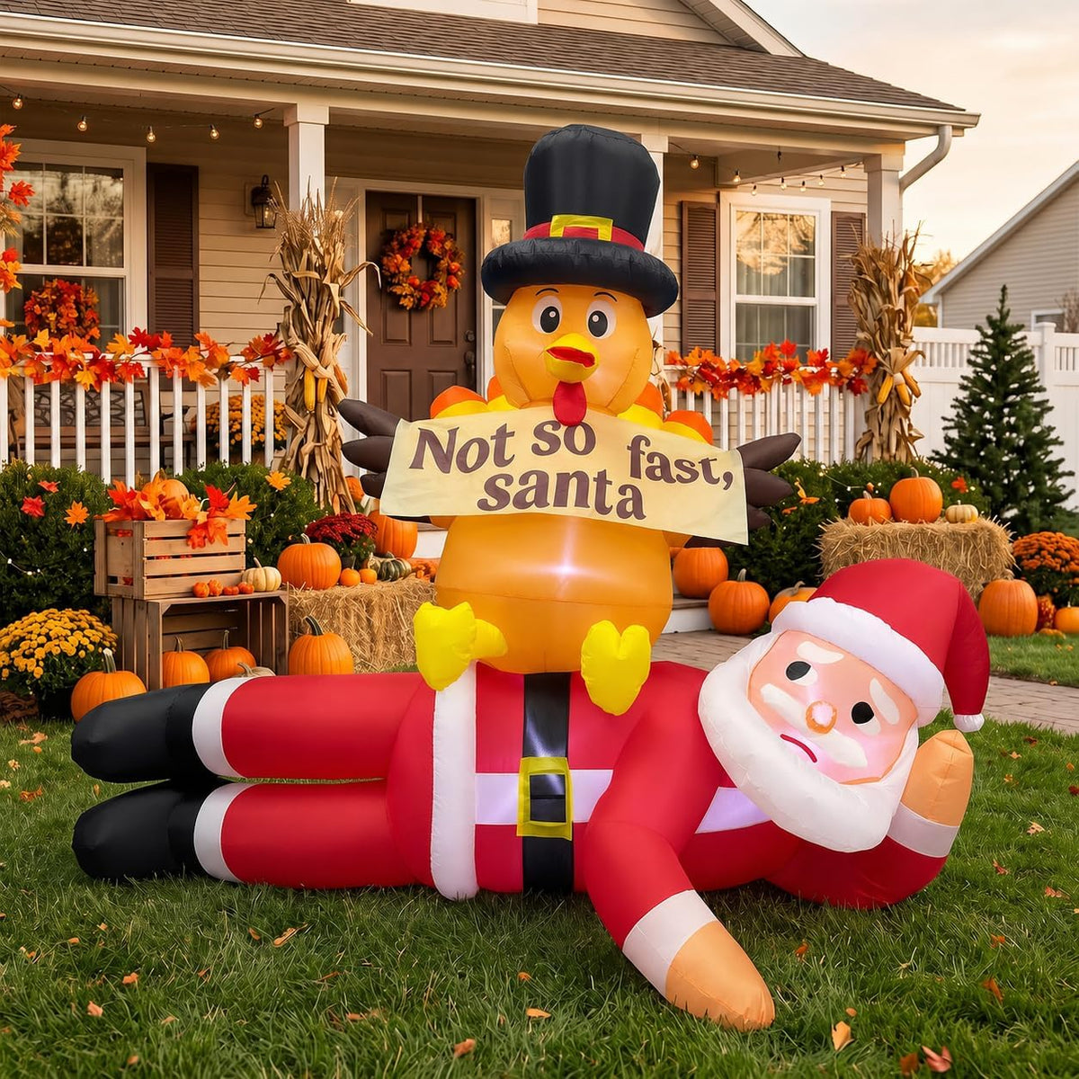 5 ft Inflatable Turkey Stopping Santa, Thanksgiving outdoor decoration